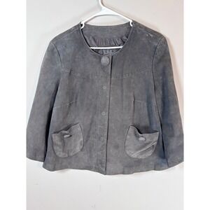 LAL Gray Suede Leather Jacket Womens Large Cropped 3/4 Sleeve Snap Front 5106WS
